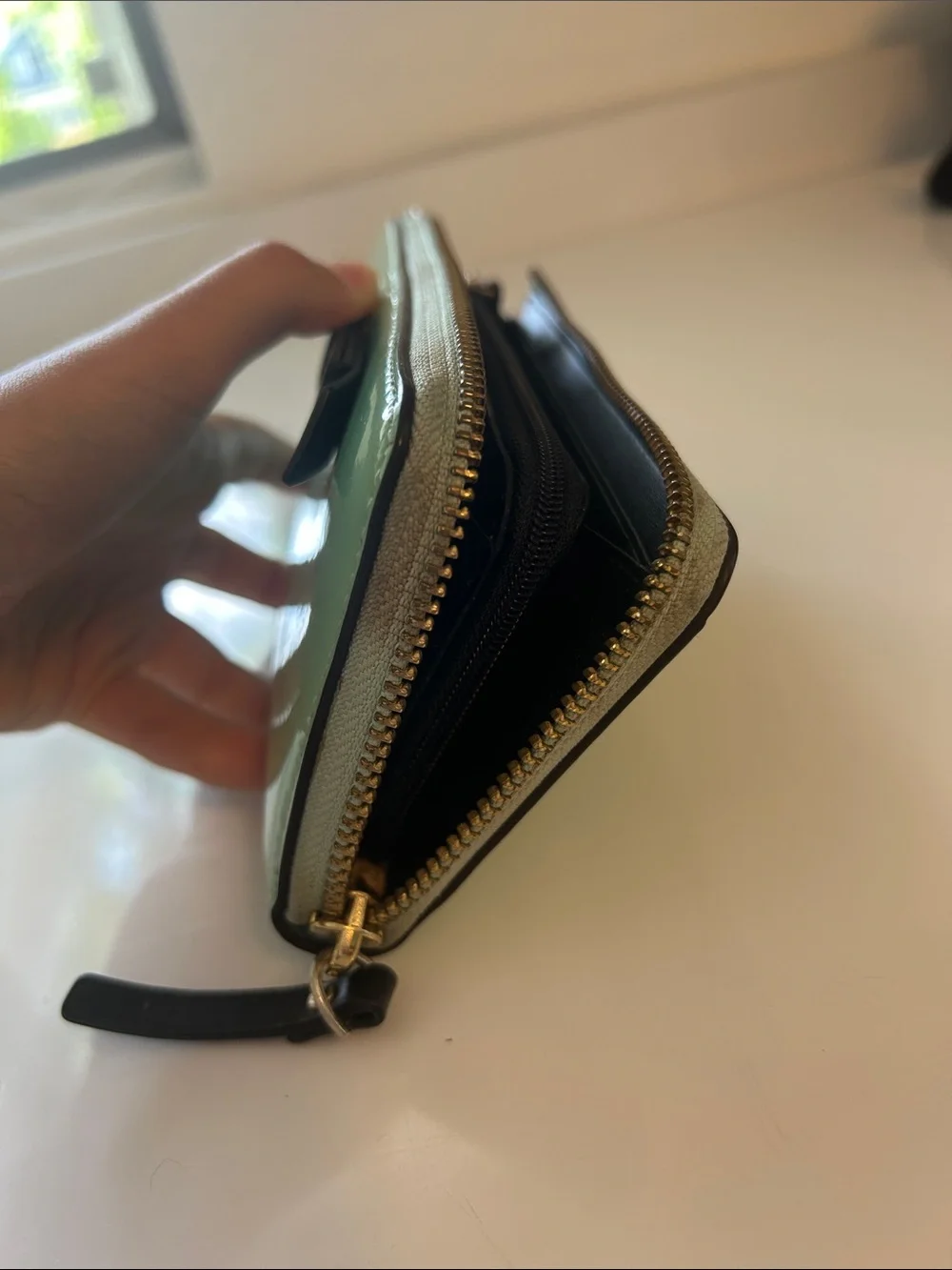 Kate Spade Mint Patent Zip Wallet with Black Bow Accent